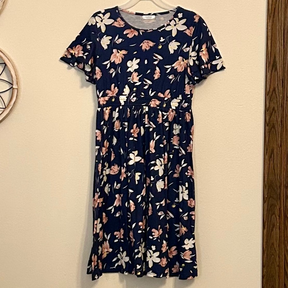 ARSHINER Girls Navy Blue Floral Flutter Sleeve Dress, Size 150 (US 10-12)